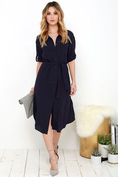 Being office chic comes naturally to those with the Cubicle Cutie Navy Blue Shirt Dress on their resume Navy Shirt Dress Outfit, Shirtdress Outfit, Navy Blue Shirt Dress, Navy Blue Dress Shirt, Poly Dress, Navy Shirt Dress, Navy Blue Shirt, Shirt Dress Outfit, Office Chic