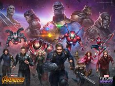 the avengers movie poster with many different characters and their names in front of an galaxy background