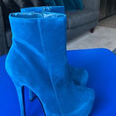 These Ankle Boots Would Be Great To Add To Any Collection. Brand New Never Worn But Has A Imperfection In The Leather Suede Due To Sitting In The Box Blue High Ankle Heels For Party, Blue High Heel Platform Boots For Party, Blue Platform Boots For Party, Blue Pointed Toe Heeled Boots For Party, Blue Pointed Toe Heels For Winter, Blue High Heel Platform Boots, Blue Ankle-high Platform Boots, Fitted Blue Ankle Boots, Blue Round Toe Platform Boots For Winter