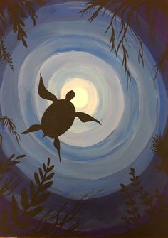 an acrylic painting of a turtle swimming in the ocean at night with leaves and branches