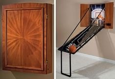 a basketball is in the back of a wooden cabinet and an image of a basketball net