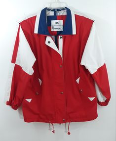 "80's Men's Jacket Rare Authentic Vintage Yacht Boating Sports Outerwear Red White Blue Bomber Hoodie Classic Coat Size S by LONDON FOG Super cool rad authentic! Rare fresh lux. This gorgeous 1980's vintage rarity is in crisp super fresh like new condition. Navy blue, white and red color block in polished cotton, dramatic 80's shoulders, very constructed and padded. Vest cut styling, cotton lined, water repellant, red zipper down front with snaps on foldover front flap. Brass snaps down front wi Retro Red Sports Outerwear, Retro Red Track Jacket For Outdoor, Red Retro Track Jacket For Outdoor, Retro Red Windbreaker With Pockets, Red Retro Windbreaker With Pockets, Retro Red Sports Windbreaker, Retro Red Windbreaker For Sports, Vintage Yacht, London Fog Jacket