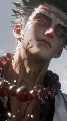 an anime character with black hair and piercings on his face, in the water