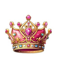 a pink and gold crown with jewels on the top, sitting in front of a white background