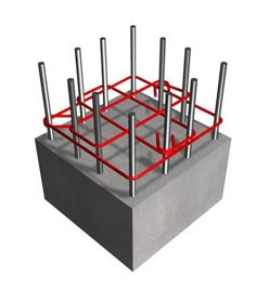 a concrete block with red metal poles and bars on it's sides, in the shape of a maze