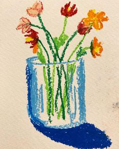 a drawing of flowers in a vase on a white paper with blue and orange colors