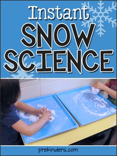 two children are making snow science with blue trays