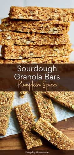 homemade granola bars stacked on top of each other with text overlay that reads, sourdough granola bars pumpkin spice