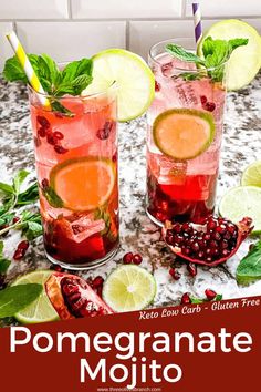 two glasses of pomegranate mojito with limes and mint