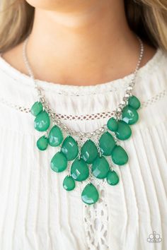 Front Row Flamboyance Green Necklace - Jewelry by Bretta Collar Verde, Southern Charms, Emerald Style, Silver Chains, Teardrop Beads, Paparazzi Accessories, Teardrop Necklace, White Rhinestone, Red Rhinestone