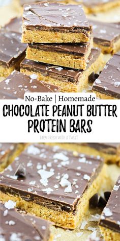 no bake homemade chocolate peanut butter protein bars stacked on top of each other with text overlay