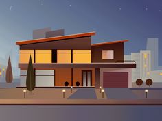 an illustration of a modern house at night with the moon in the sky above it