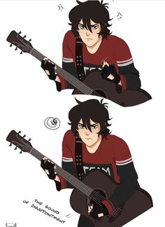 two pictures of a man playing an electric guitar and another drawing of the same person