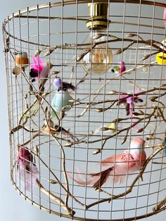 a birdcage filled with lots of colorful birds sitting on top of it's branches