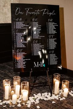 a table with candles and seating chart on it