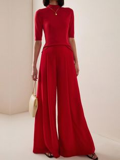 Lasaky - Casual Elegance Wide Leg Pants with a Relaxed Fit Full Red Outfit, Urban Sweater, Wes Gordon, Red Trousers, Gown Suit, High Waist Wide Leg Pants, Style Pants, Urban Style, Celebrity Dresses