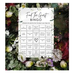 a sign that says find the guest bingo surrounded by flowers and greenery on a white background