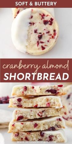 cranberry almond shortbread with white frosting on top and the words cranberry almond shortbread above it