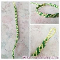 three pictures of green and yellow braiding on a white tablecloth with flowers in the background