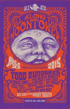 an old concert poster with the face of a man in purple and orange on it