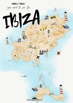 an illustrated map of the island of ibizaa, with lighthouses on it