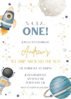 the space themed birthday party is ready to be thrown into the air with an adorable rocket ship