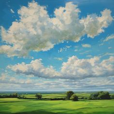 an oil painting of green fields under a blue sky with white clouds and trees in the foreground