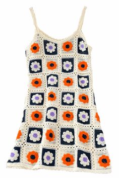 a crocheted dress with an orange and purple flower pattern on the front, white background