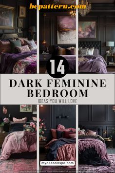 dark bedroom with pink and purple bedding