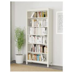 a white bookcase with many books and a potted plant