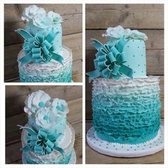 three pictures of a cake with blue and white frosting flowers on the top, one is decorated with polka dots