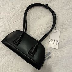 Zara Mini Shoulder Bag - Black Leather - Zipper Closure And Inside Small Pocket. New With Tags Trendy Zara Shoulder Bag With Large Capacity, Trendy Large Capacity Zara Shoulder Bag, Trendy Zara Bags With Zipper Closure, Chic Zara Bag With Zipper Closure, Zara Rectangular Shoulder Bag With Zipper Closure, Zara Shoulder Bag For Daily Use, Zara Black Shoulder Bag For Everyday, Trendy Zara Leather Satchel, Trendy Black Zara Shoulder Bag