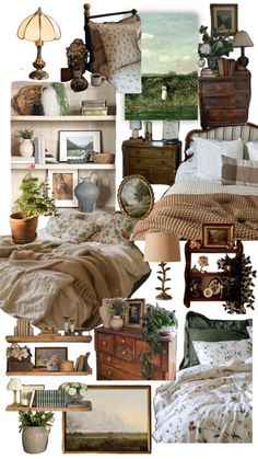 a collage of photos with furniture and pictures on the wall, including a bed