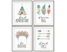 four framed art prints with arrows and the words, land, adventure, dream, be brave