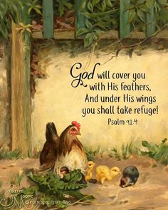 a painting of two chickens and a chickenling in front of a wall with the words, god will cover you with his feathers