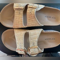 Top Moda Size 6, Never Worn Beige Footbed Sandals With Buckle Closure For Vacation, Vacation Footbed Sandals With Textured Footbed And Round Toe, Beige Footbed Sandals With Buckle Closure For Beach, Beige Buckle Closure Footbed Sandals For Beach, Beige Buckle Footbed Sandals For Beach, Synthetic Round Toe Footbed Sandals For Vacation, Adjustable Synthetic Footbed Sandals For Summer, Flat Synthetic Footbed Sandals For Vacation, Synthetic Flat Footbed Sandals For Vacation