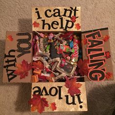 I can't help "falling"in love with you! Cute DIY box to send during a long distance relationship or deployment. Long Distance Relationship Package Ideas, Cute Baskets To Make Your Boyfriend, Cute Gift Box For Boyfriend, Long Distance Relationship Box Ideas, Falling For You Gift Basket, Long Distance Relationship Gift Boxes, Sweet Things To Make For Your Boyfriend, Gifts For When Someone Is Feeling Down, Ideas For 2 Year Anniversary For Him