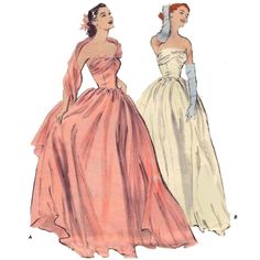 "With attached stole or strapless, this beautiful strapless evening or bridal, wedding gown with beautifully moulded bodice and flowing bouffant skirt (view B) adds a new detail in (view A) the wispy, floating stole-scarf that is attached to one side then drapes around the shoulders. Offered here as: Paper Pattern or the Original Pattern. https://www.etsy.com/uk/listing/1019284391/pdf-vintage-1950s-sewing-pattern-ball Skill Level: Intermediate Size Guide: Size 14 Bust 32\" (81cm) Waist 26.5\" (6 Dress Patterns Uk, 1950s Prom Dress, Vintage Fashion Sketches, Prom Dress Pattern, Gown Sewing Pattern, Vintage Ball Gowns, Evening Dress Patterns, 1950s Sewing Patterns, Strapless Evening Gowns