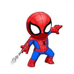 a cartoon spider man with his arms out and eyes wide open, pointing at something