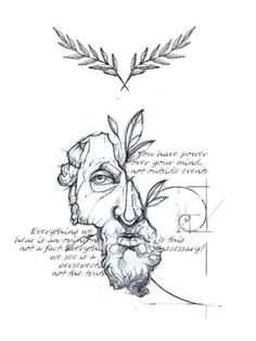 a drawing of a man's face with leaves on his head and writing underneath