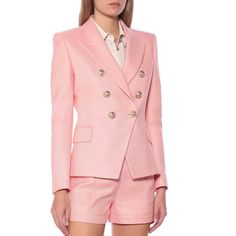 Pale Pink Wool Blazer - Structured Shoulders- Double-Breasted Closure- Six Embossed Gold-Tone Buttons- Two Flap Pockets And One Flat Chest Pocket 100% Cotton,Color Is Pale Pink Luxury Pink Blazer With Button Closure, Luxury Pink Blazer With Buttons, Luxury Pink Blazer With Double Button Closure, Luxury Pink Double-breasted Blazer, Luxury Spring Suits With Button Closure, Luxury Pink Suits For Work, Balmain Tweed, Balmain Jacket, Off White Blazer