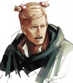 a drawing of a man with blonde hair and two buns on his head, looking to the side