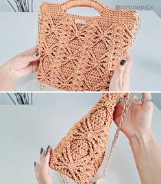 two pictures showing how to crochet a handbag with chains and beads on it