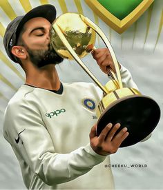 a painting of a man holding a trophy in his hand and kissing it with both hands