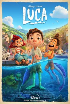 the movie poster for luca, featuring two children and an adult swimming in water