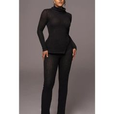 Devotion Ribbed Knit Sweater Pant Set - S / Black - Sets Solid Ribbed Winter Pants, Ribbed Stretch Winter Sets, Winter Ribbed Stretch Sets, Stretch Ribbed Winter Set, Ribbed Stretch Sets For Winter, Ribbed Loungewear Sets For Winter, Winter Ribbed Loungewear Sets, Cozy Fitted Sets For Winter, Cozy Fitted Winter Sets