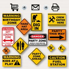 various warning signs and stickers on a white background with the words party zone written in black