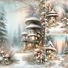 a snow covered forest scene with mushrooms and houses