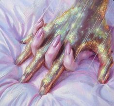 a painting of two hands on top of a bed with pink and gold nail polish