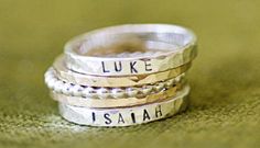 This Stackable Personalized Name Ring will become your moms favorite ring! Made of sterling silver & engraved with kids names. Shop MyRetroBaby now for Mom! Jewerly Ring, Stackable Ring Sets, Stackable Rings Silver, Antique Engagement Ring, Name Ring, Mother Rings, Name Rings, Engagement Ring White Gold, Mom Jewelry